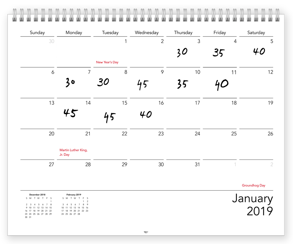 A custom calendar with the number of minutes someone worked out for the day | Motif