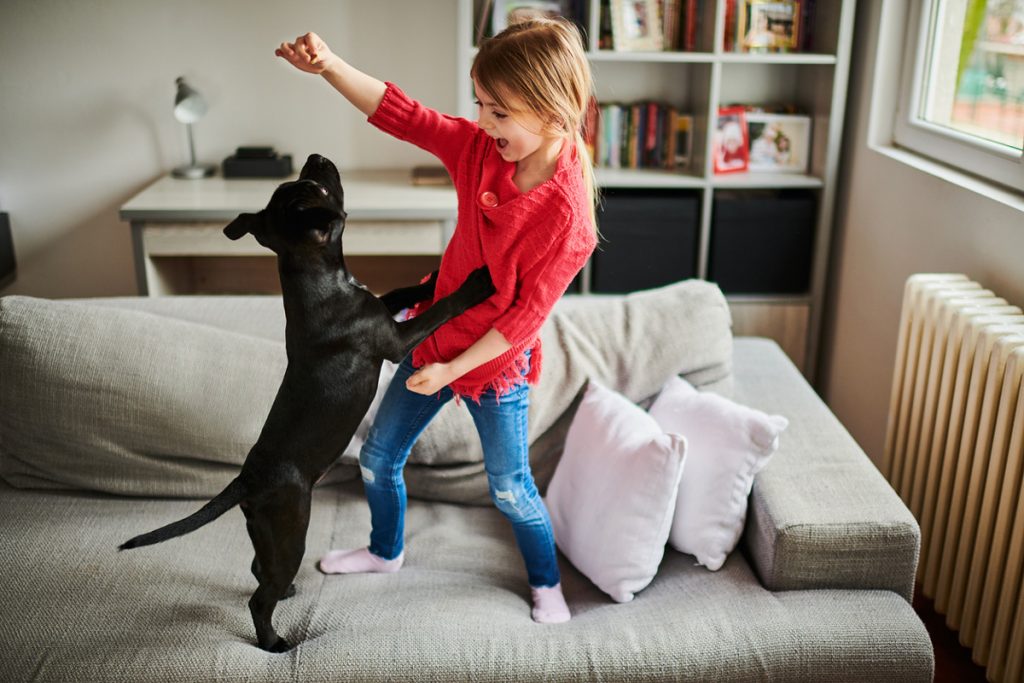 A little girl playing with a black puppy on the couch | Motif