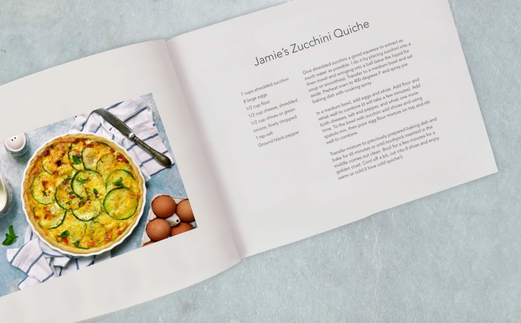 A recipe book with a page for “Jamie’s Zucchini Quiche” | Motif