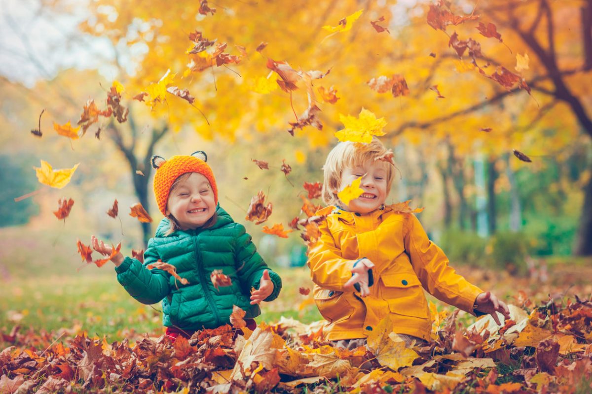 Kids playing in leaves in autumn.