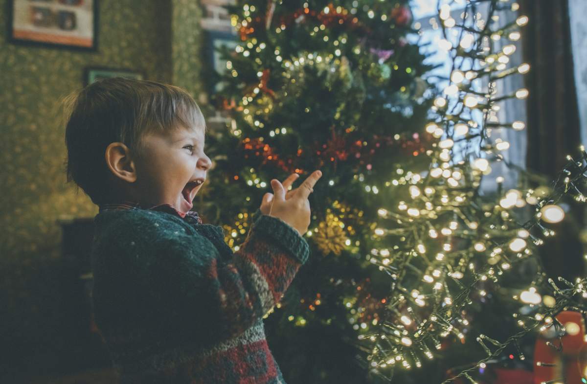 Christmas picture ideas: young boy very excited seeing christmas tree
