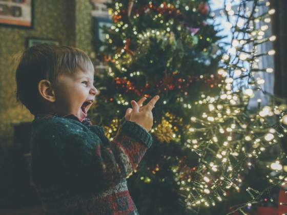 Christmas picture ideas: young boy very excited seeing christmas tree