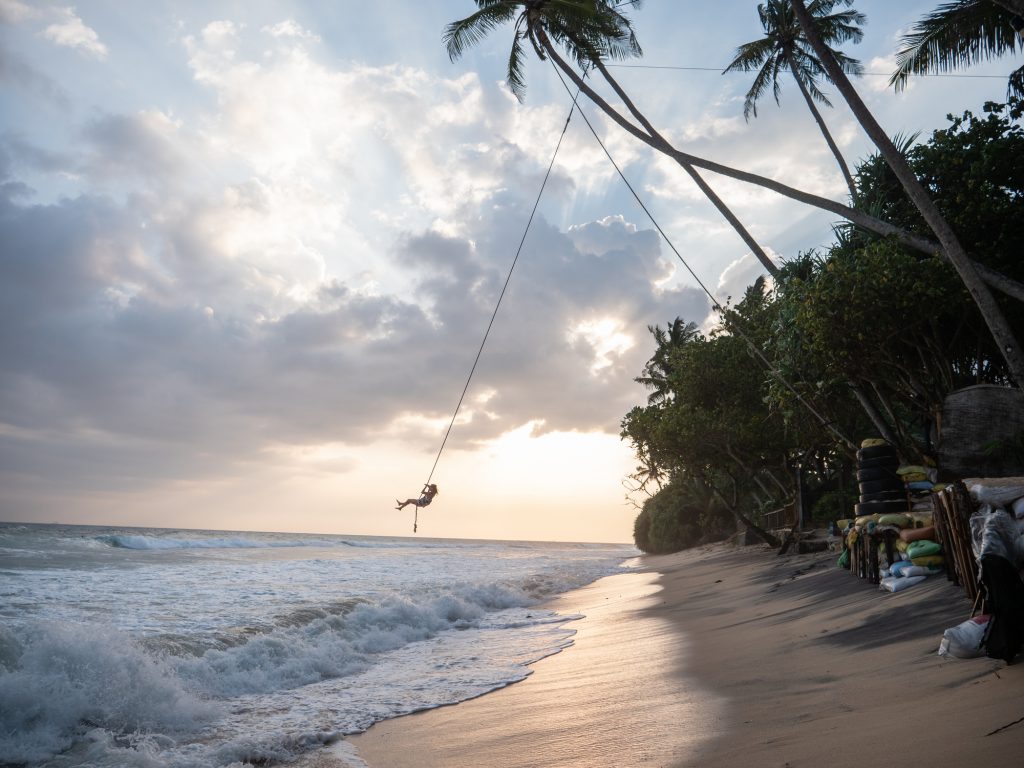 Rope swing holding on tropical palm tree , female enjoying sunset swing above beach